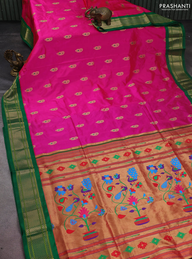 Pure paithani silk saree pink and green with allover zari woven paisley buttas and paithani weaving pallu