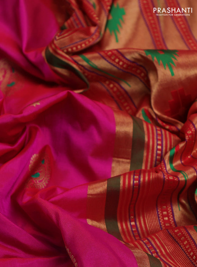Pure paithani silk saree pink and green with allover zari woven paisley buttas and paithani weaving pallu