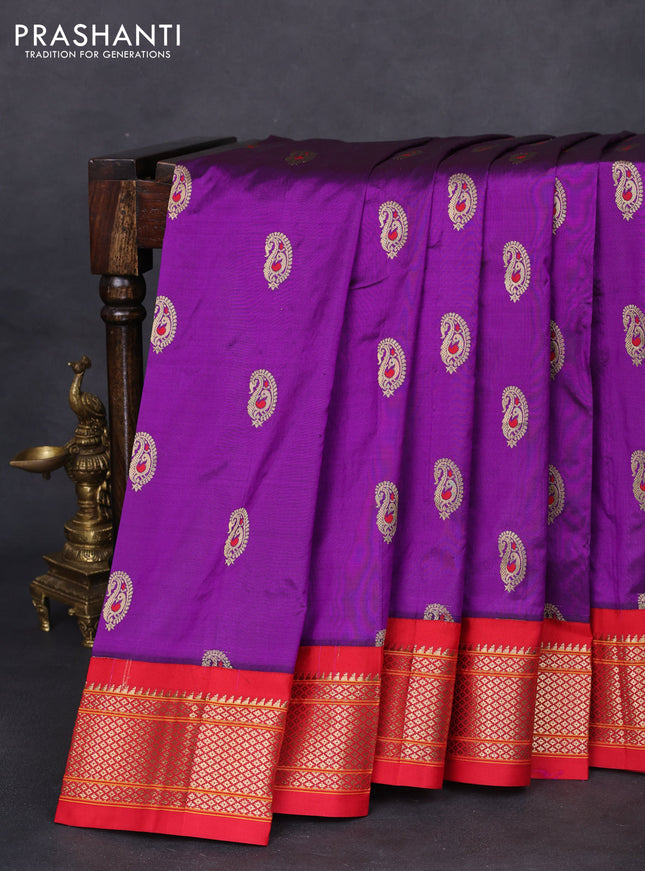 Pure paithani silk saree purple and red with allover zari woven paisley buttas and paithani weaving pallu