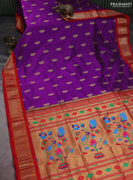 Pure paithani silk saree purple and red with allover zari woven paisley buttas and paithani weaving pallu