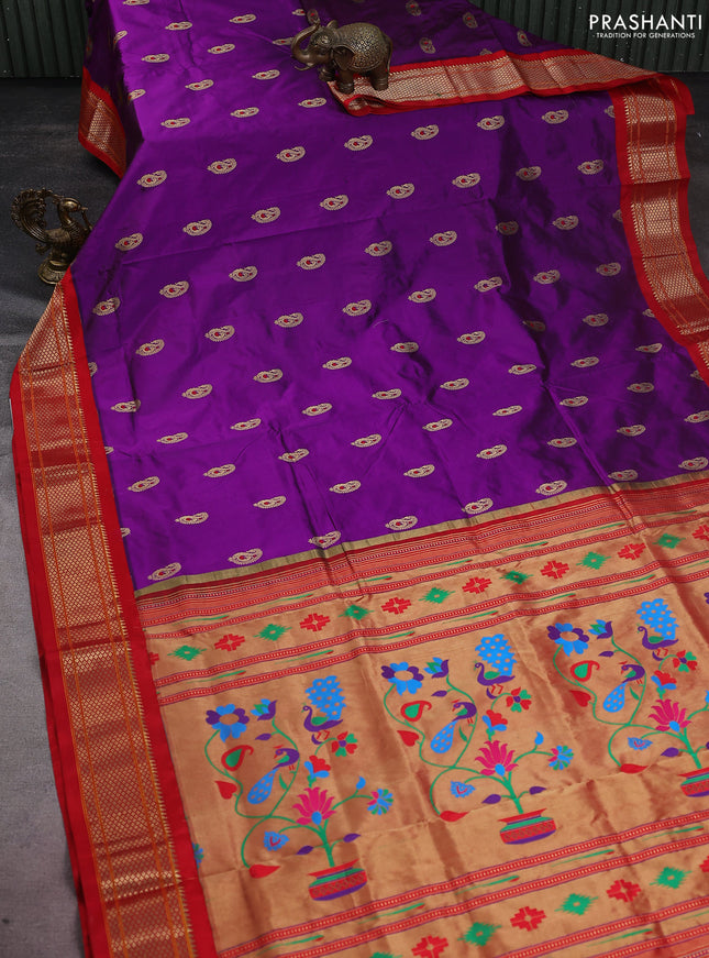 Pure paithani silk saree purple and red with allover zari woven paisley buttas and paithani weaving pallu