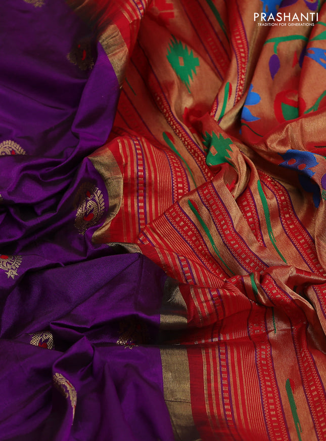 Pure paithani silk saree purple and red with allover zari woven paisley buttas and paithani weaving pallu