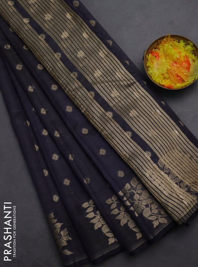 Semi raw silk saree navy blue with allover zari woven 1000 buttas and zari woven butta border