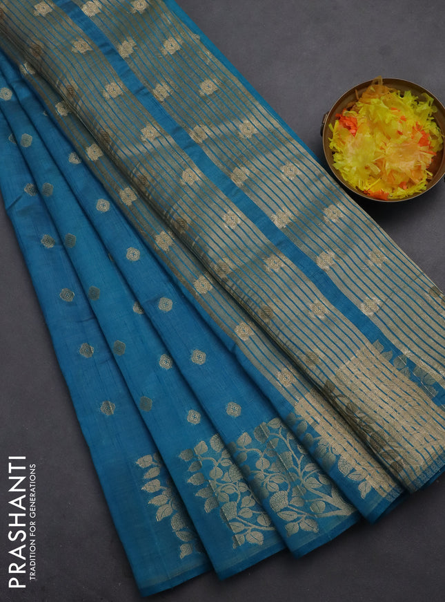 Semi raw silk saree cs blue with allover zari woven 1000 buttas and zari woven butta border