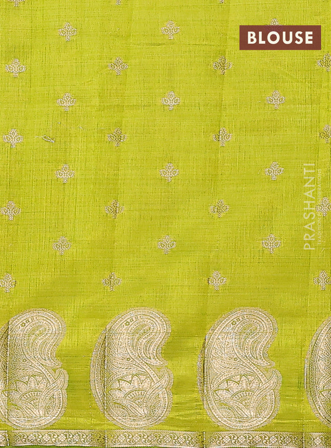 Semi raw silk saree lime green with allover zari woven 1000 buttas and paisley zari woven butta border