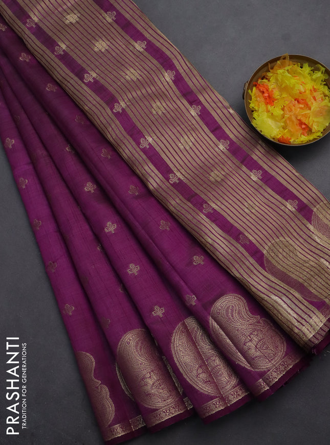Semi raw silk saree purple with allover zari woven 1000 buttas and paisley zari woven butta border