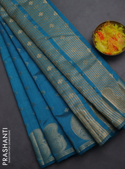 Semi raw silk saree cs blue with allover zari woven 1000 buttas and paisley zari woven butta border