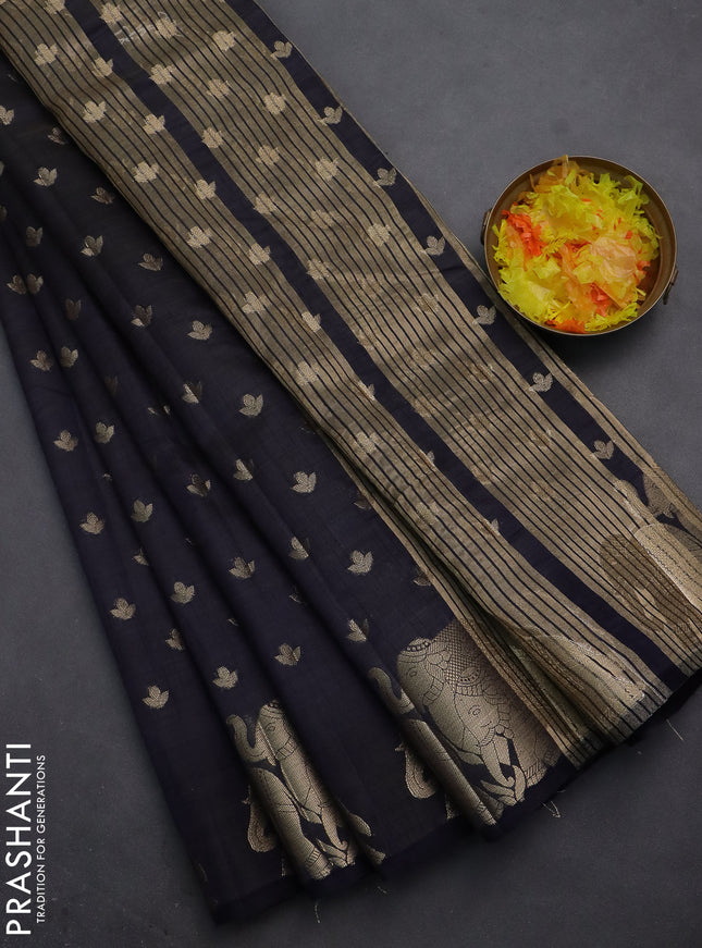 Semi raw silk saree dark navy blue with allover zari woven 1000 buttas and elephant design zari butta border