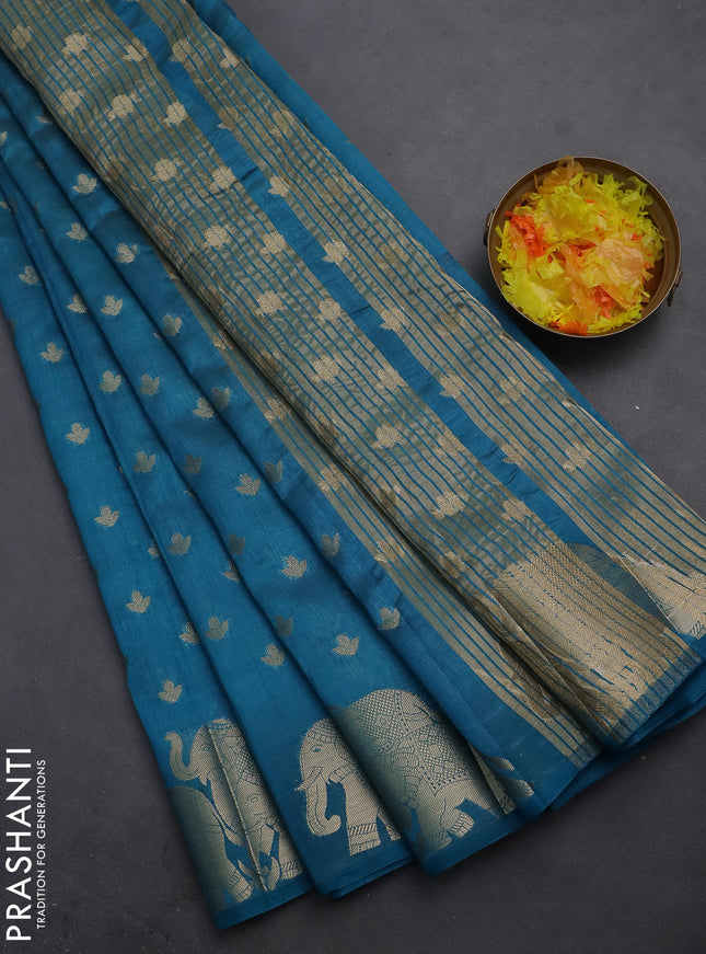 Semi raw silk saree cs blue with allover zari woven 1000 buttas and elephant design zari butta border