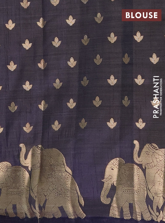 Semi raw silk saree dark navy blue with allover zari woven 1000 buttas and elephant design zari butta border