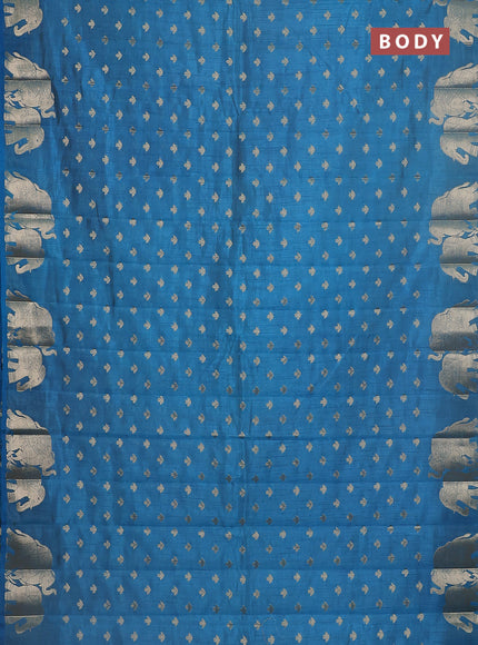 Semi raw silk saree cs blue with allover zari woven 1000 buttas and elephant design zari butta border