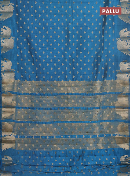 Semi raw silk saree cs blue with allover zari woven 1000 buttas and elephant design zari butta border
