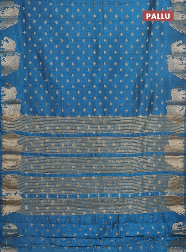 Semi raw silk saree cs blue with allover zari woven 1000 buttas and elephant design zari butta border