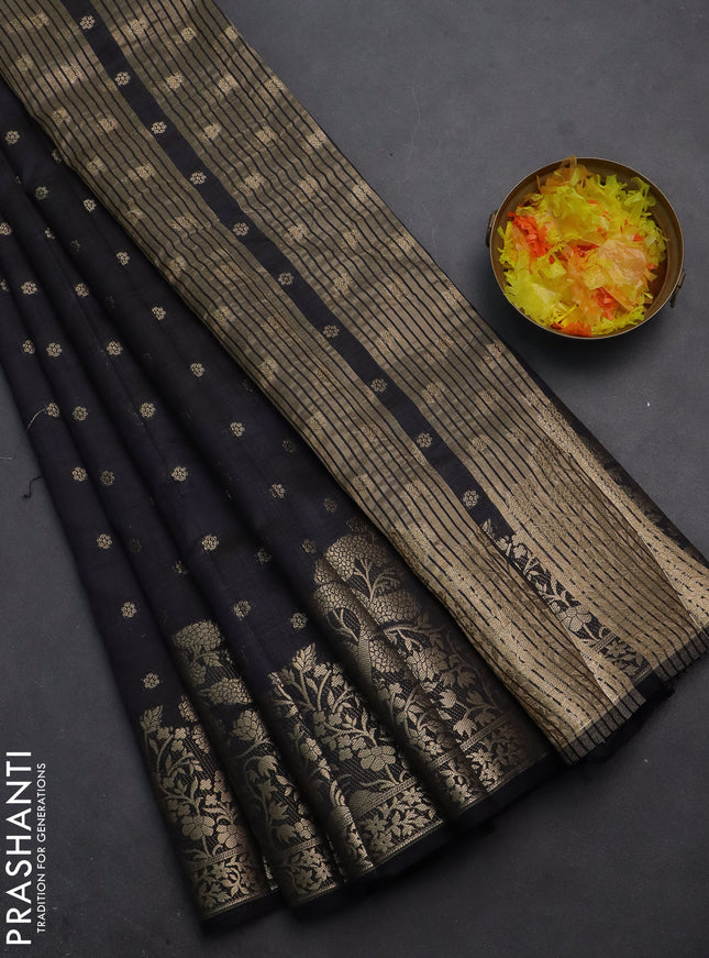 Semi raw silk saree dark navy blue with allover zari woven 1000 buttas and zari woven border