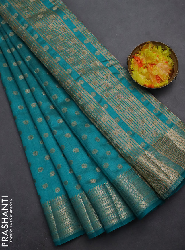 Semi raw silk saree teal blue with allover zari woven 1000 buttas and zari woven border