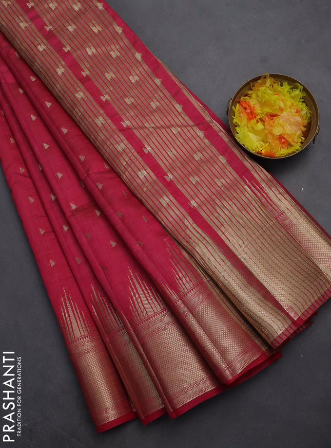 Semi raw silk saree pink with allover zari woven 1000 buttas and temple design zari woven border