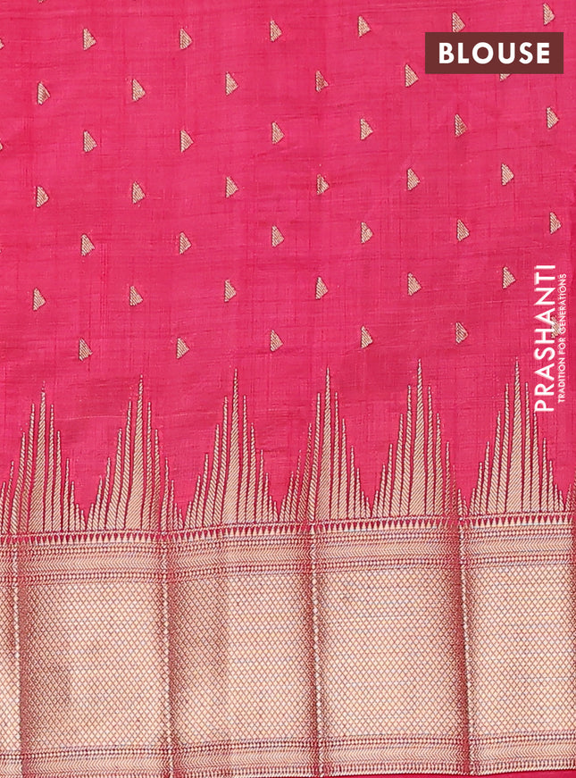 Semi raw silk saree pink with allover zari woven 1000 buttas and temple design zari woven border