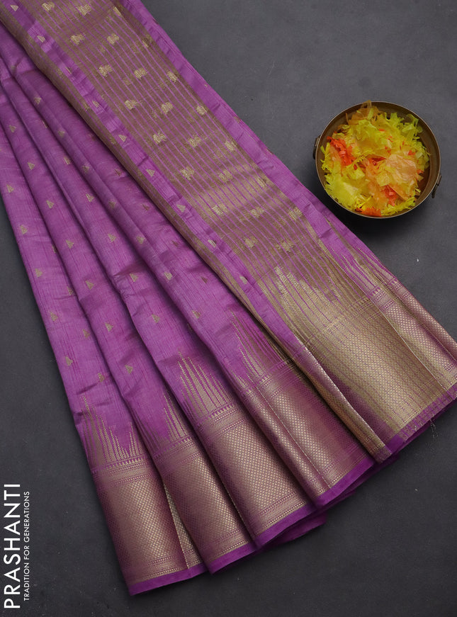 Semi raw silk saree lavender with allover zari woven 1000 buttas and temple design zari woven border