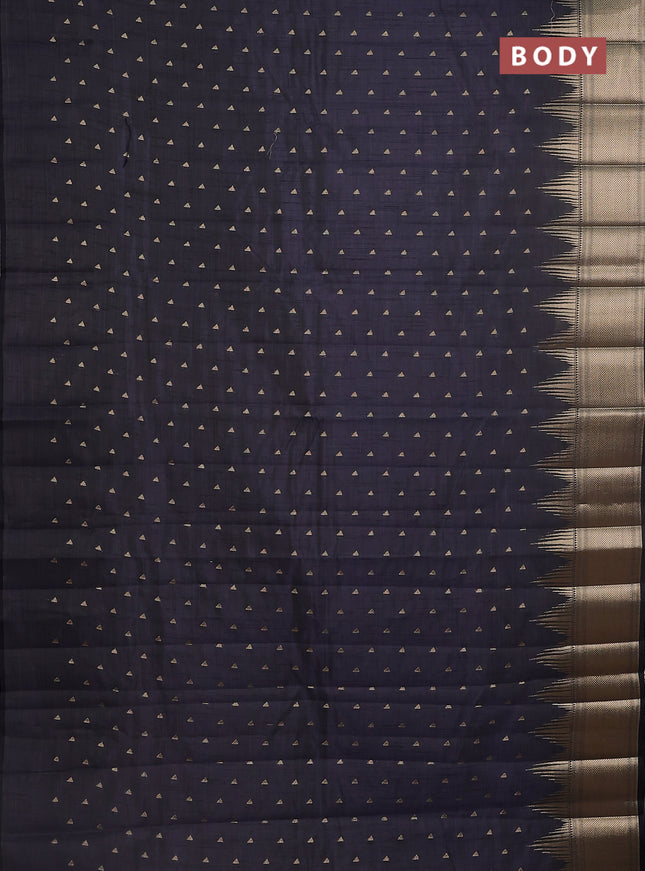 Semi raw silk saree navy blue with allover zari woven 1000 buttas and temple design zari woven border