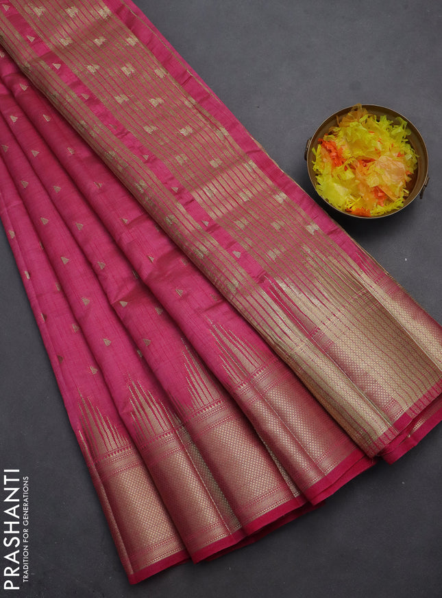 Semi raw silk saree pink with allover zari woven 1000 buttas and temple design zari woven border