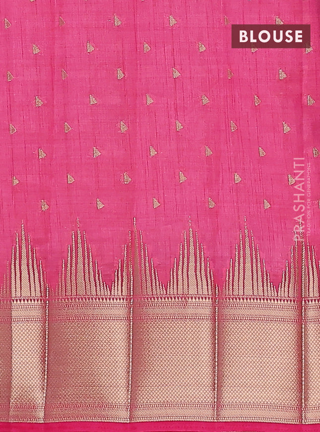 Semi raw silk saree pink with allover zari woven 1000 buttas and temple design zari woven border