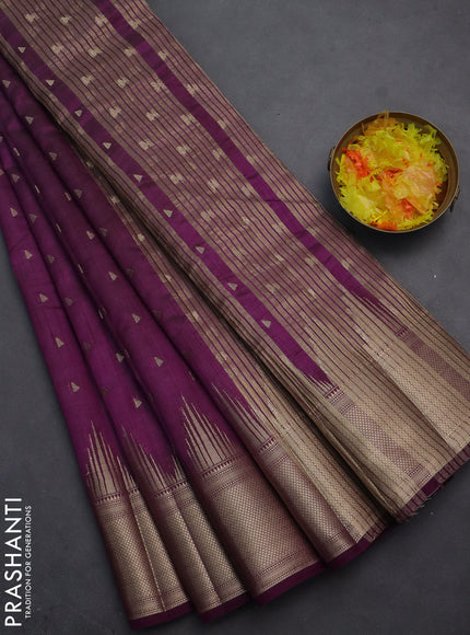 Semi raw silk saree deep purple with allover zari woven 1000 buttas and temple design zari woven border