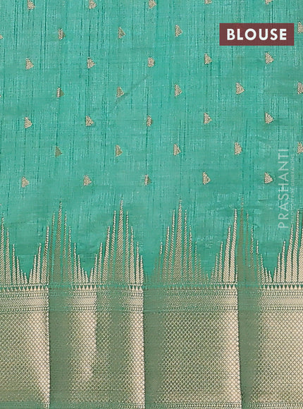 Semi raw silk saree teal green with allover zari woven 1000 buttas and temple design zari woven border