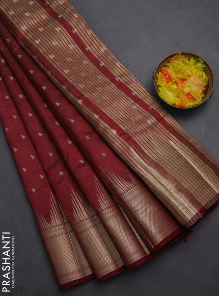 Semi raw silk saree maroon with allover zari woven 1000 buttas and temple design zari woven border