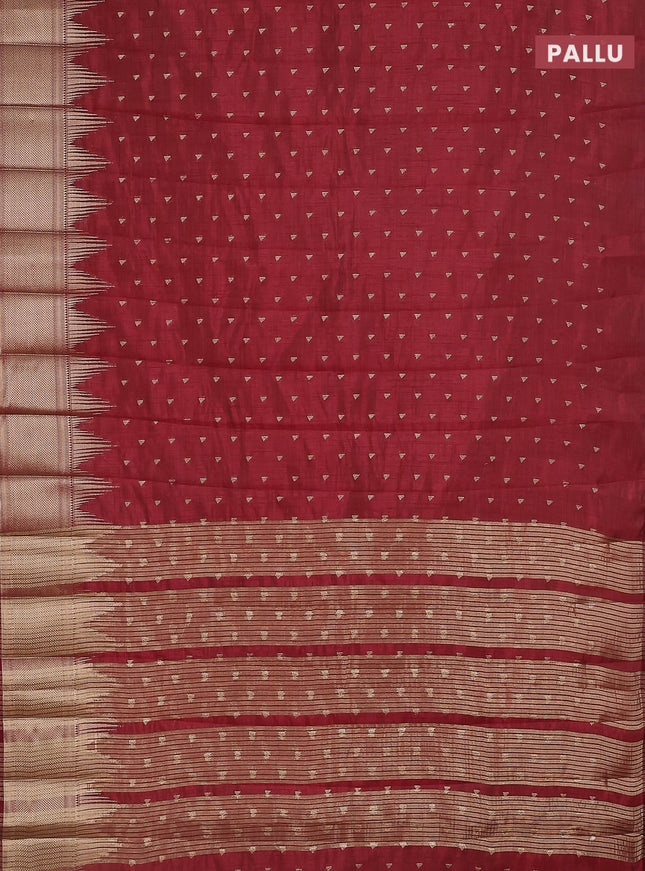 Semi raw silk saree maroon with allover zari woven 1000 buttas and temple design zari woven border
