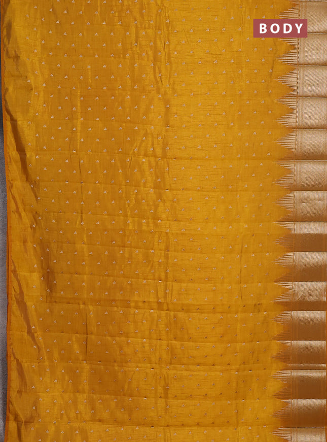 Semi raw silk saree mustard yellow with allover zari woven 1000 buttas and temple design zari woven border