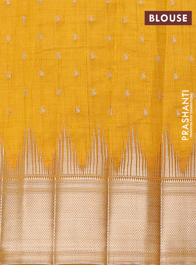 Semi raw silk saree mustard yellow with allover zari woven 1000 buttas and temple design zari woven border
