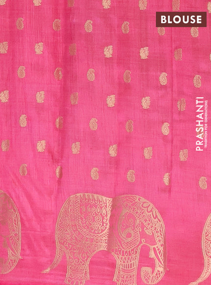 Semi raw silk saree pink with allover zari woven 1000 buttas and elephant design zari butta border