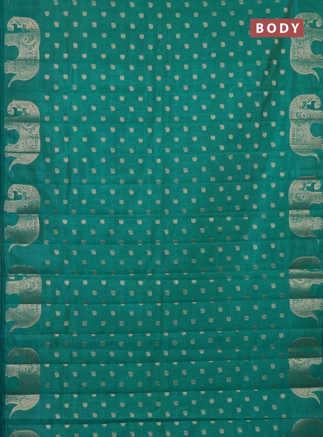 Semi raw silk saree teal blue with allover zari woven 1000 buttas and elephant design zari butta border