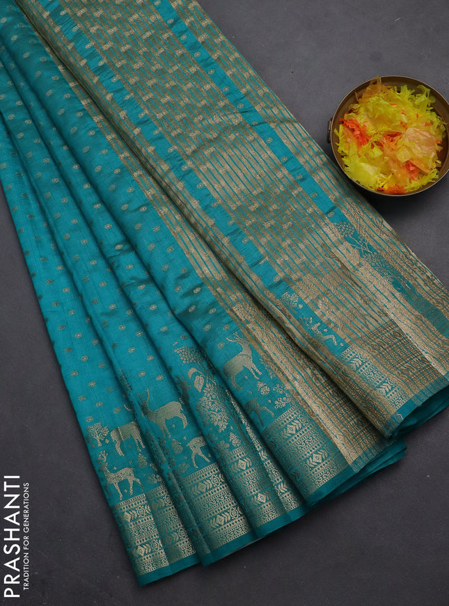 Semi raw silk saree teal blue with allover zari woven 1000 buttas and rich zari woven border