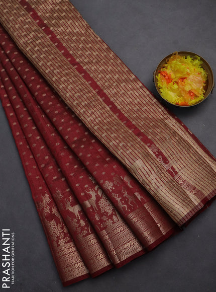 Semi raw silk saree maroon with allover zari woven 1000 buttas and rich zari woven border