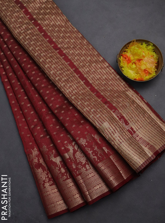 Semi raw silk saree maroon with allover zari woven 1000 buttas and rich zari woven border