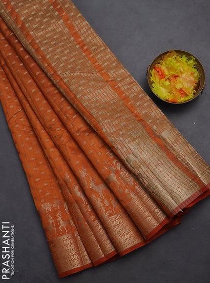 Semi raw silk saree orange with allover zari woven 1000 buttas and rich zari woven border