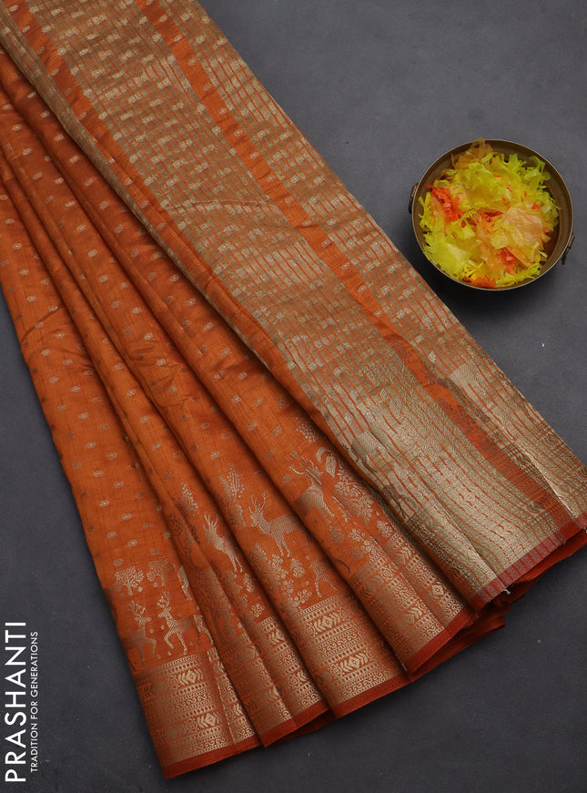 Semi raw silk saree orange with allover zari woven 1000 buttas and rich zari woven border
