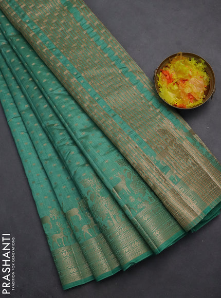 Semi raw silk saree teal green with allover zari woven 1000 buttas and rich zari woven border