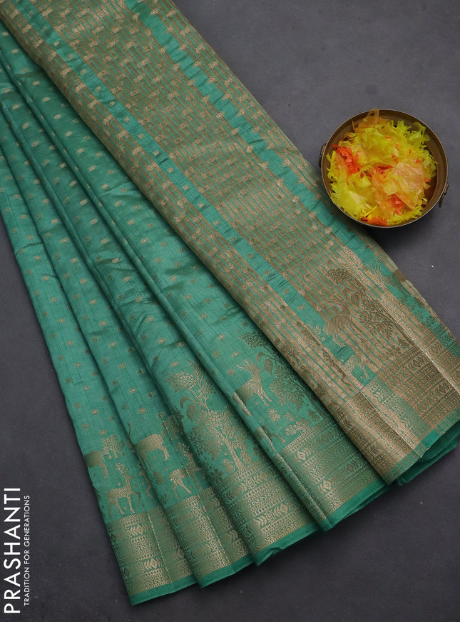 Semi raw silk saree teal green with allover zari woven 1000 buttas and rich zari woven border