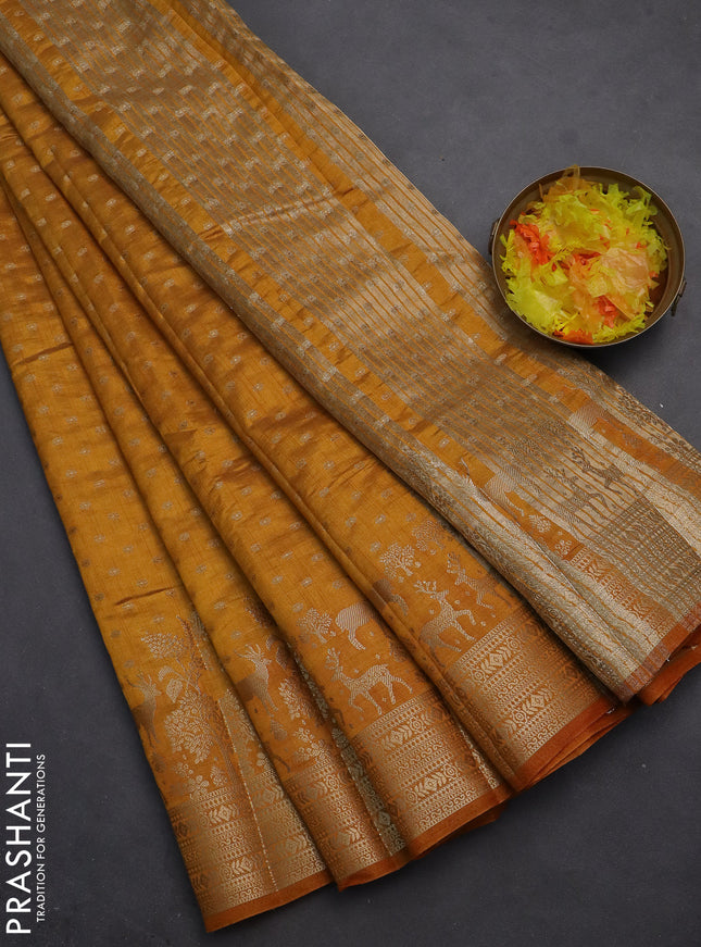 Semi raw silk saree mustard yellow with allover zari woven 1000 buttas and rich zari woven border