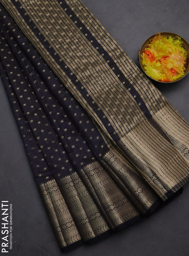 Semi raw silk saree dark navy blue with allover zari woven 1000 buttas and rich zari woven border