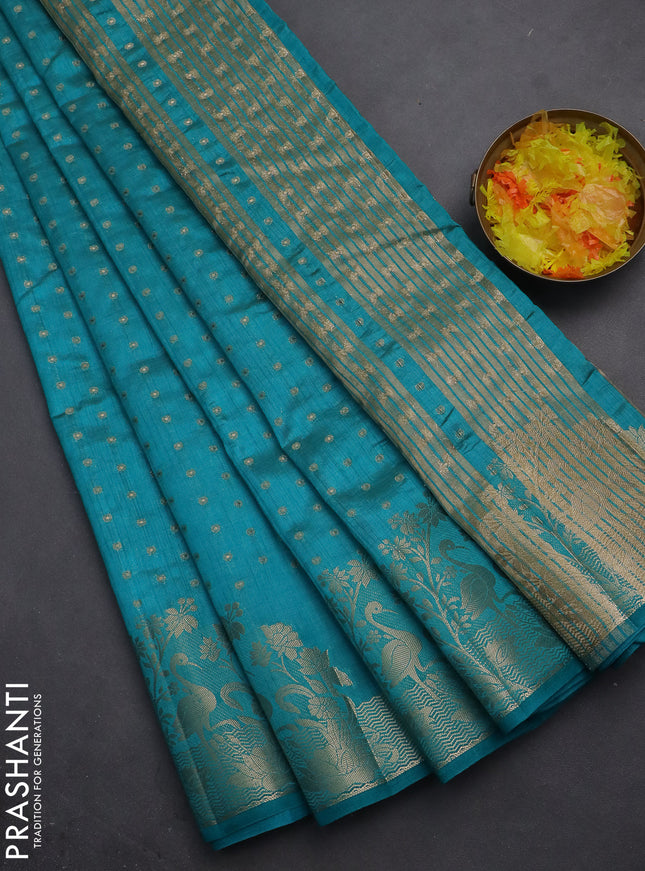 Semi raw silk saree cs blue with allover zari woven 1000 buttas and rich zari woven border