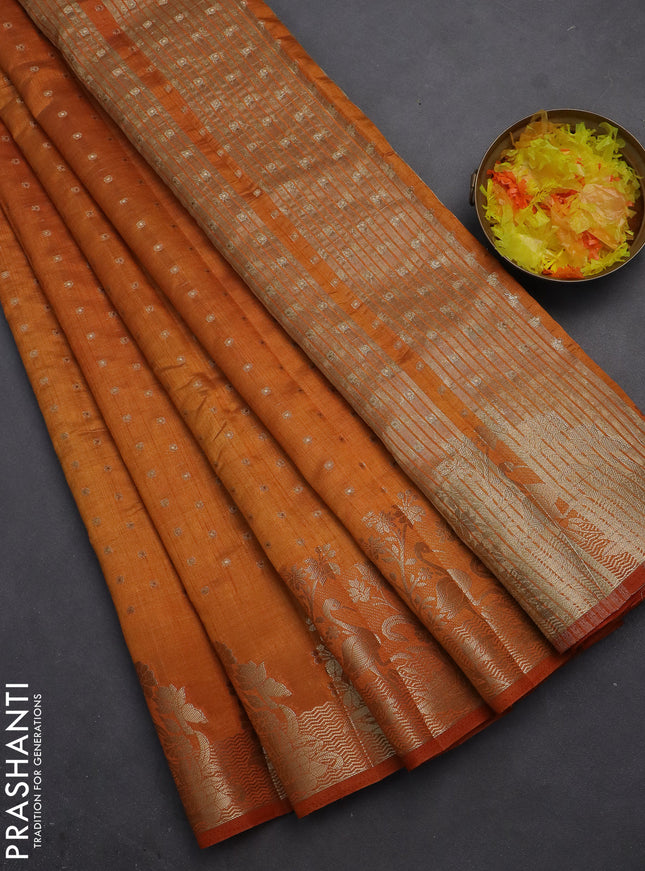 Semi raw silk saree orange with allover zari woven 1000 buttas and rich zari woven border