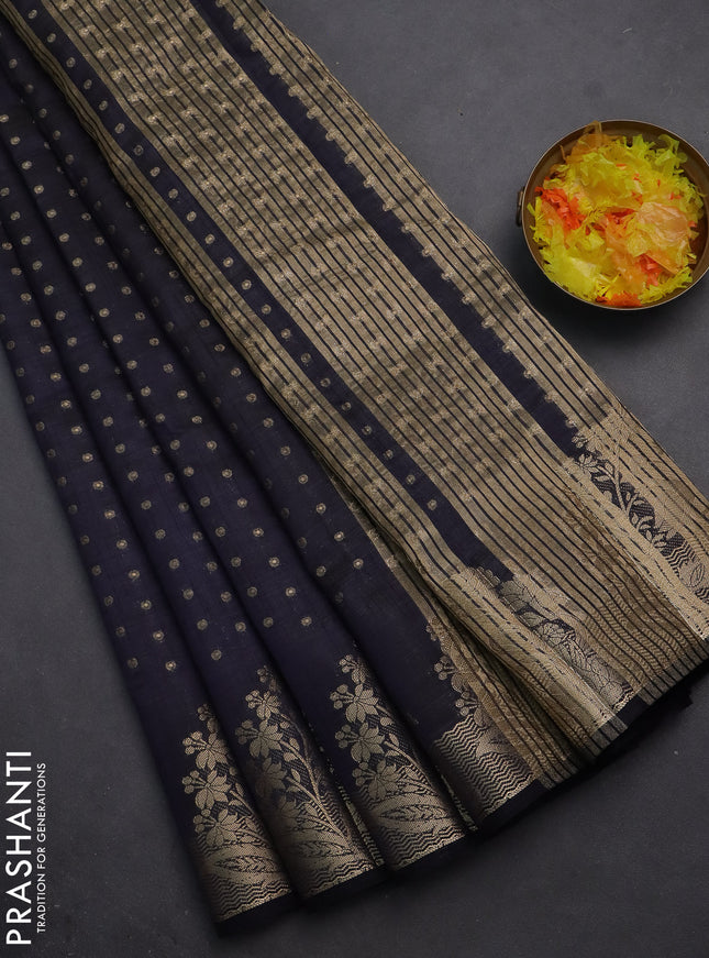 Semi raw silk saree navy blue with allover zari woven 1000 buttas and rich zari woven border
