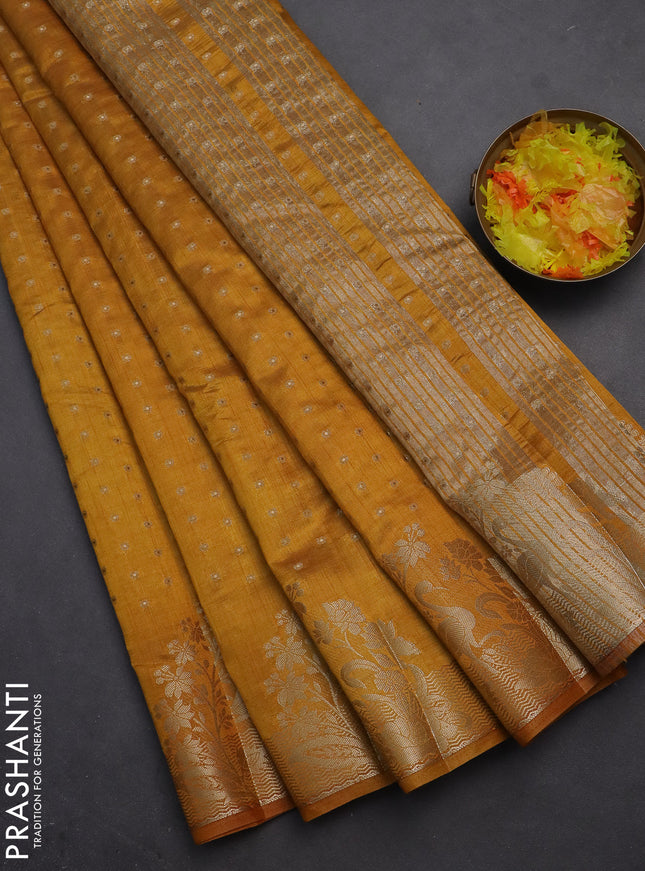 Semi raw silk saree mustard yellow with allover zari woven 1000 buttas and rich zari woven border