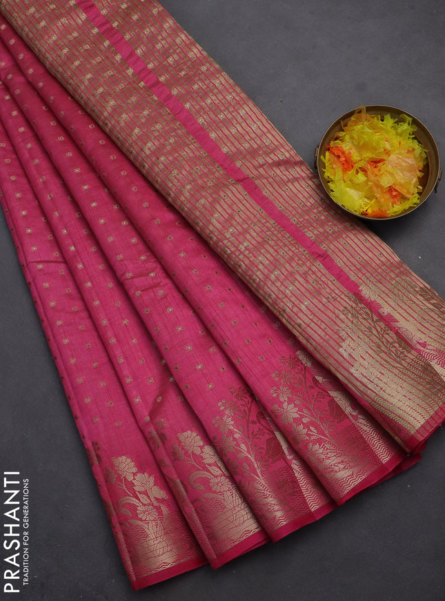Semi raw silk saree pink with allover zari woven 1000 buttas and rich zari woven border