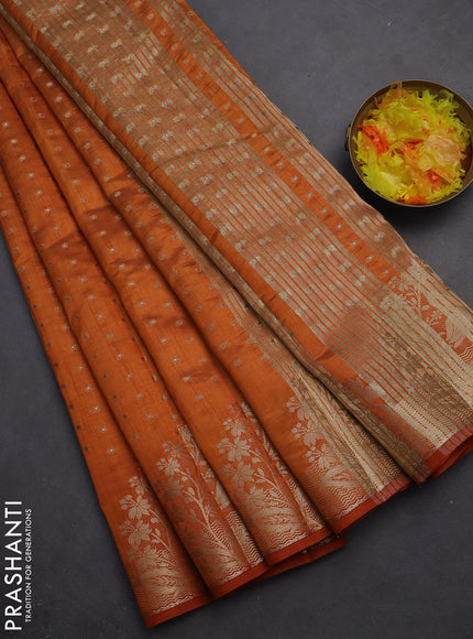 Semi raw silk saree orange with allover zari woven 1000 buttas and rich zari woven border