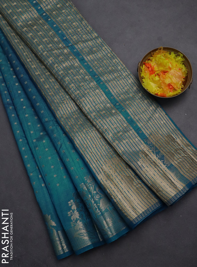 Semi raw silk saree cs blue with allover zari woven 1000 buttas and rich zari woven border