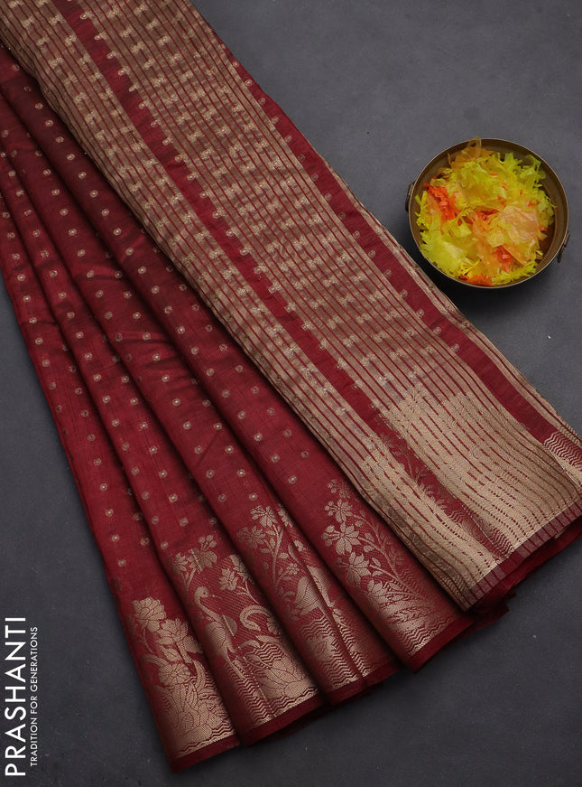 Semi raw silk saree maroon with allover zari woven 1000 buttas and rich zari woven border